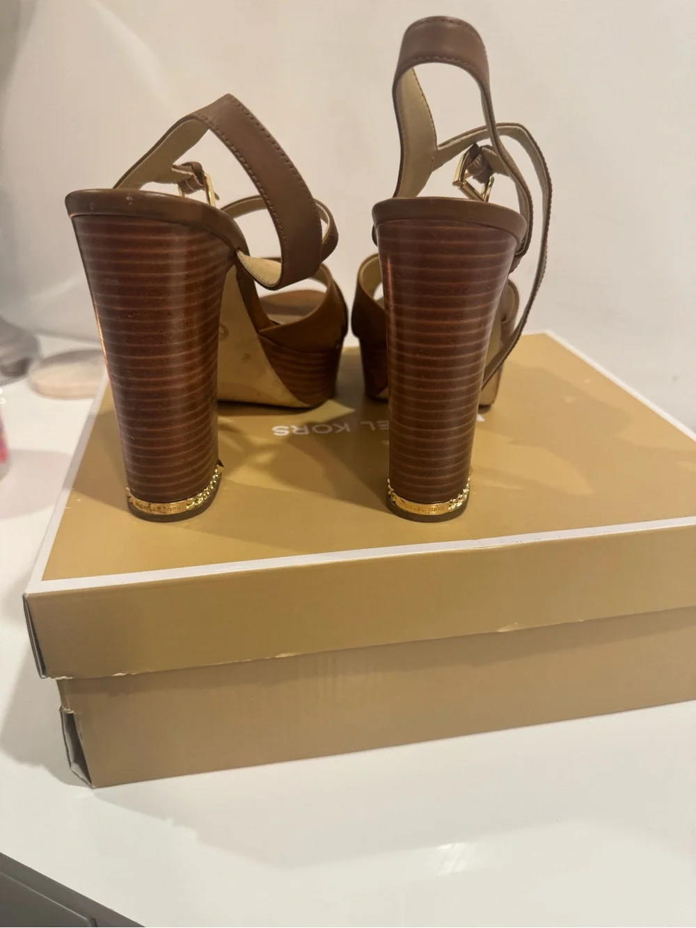 Michael Kors Tan Brown Leather Platform Slingback Heels